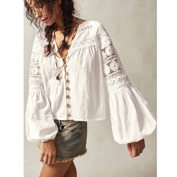Cotton Bohemian Shirt White Crochet Lace Detailed V-Neck Long Lantern Sleeve - Picture 9 of 12